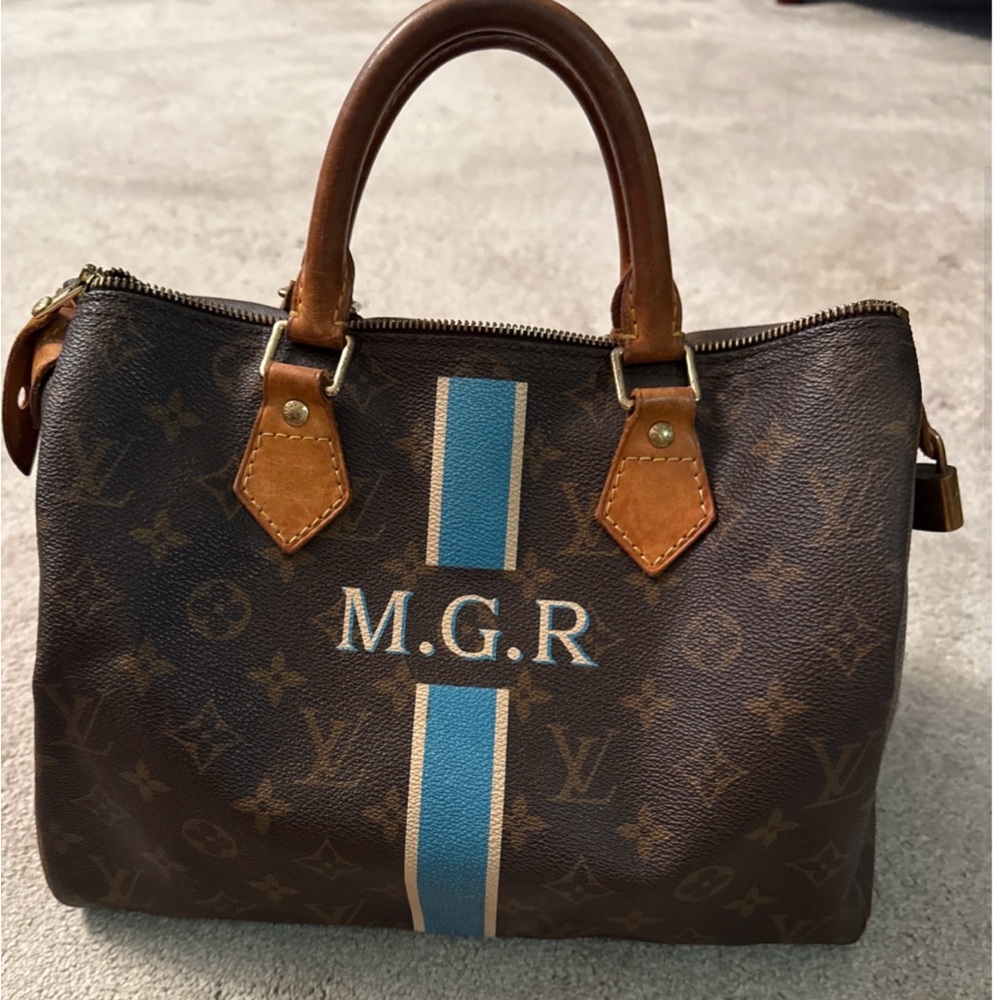 Brown Monogram Handbag with Blue Stripe